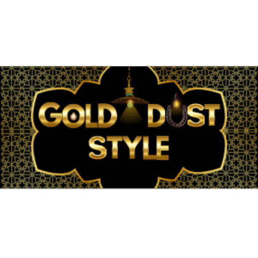 Gold Dust Style logo with black background, golden lettering, and lighting icons