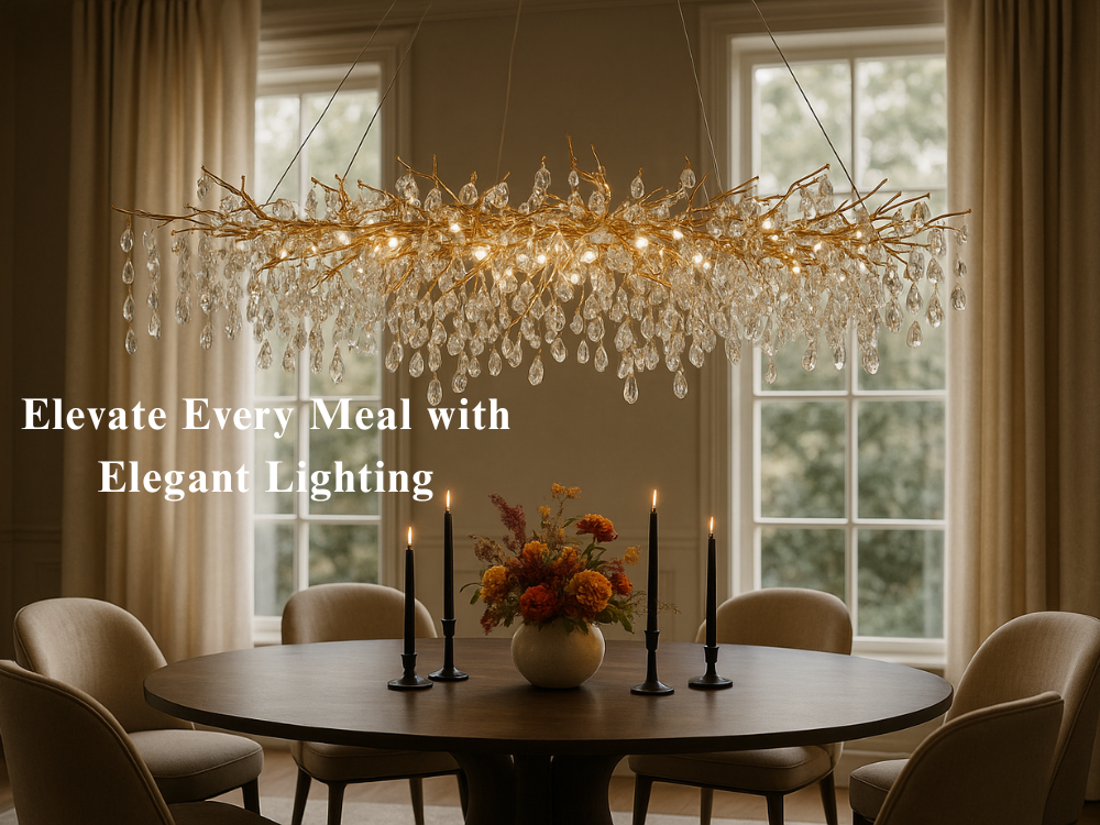 Elegant chandelier lighting above a dining table with modern decor and natural light