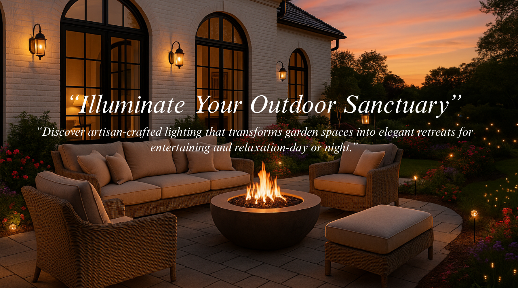 Warm outdoor lighting on a spring patio with decorative lanterns and cozy seating at sunset