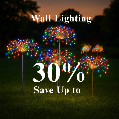 Colorful outdoor wall lights glowing at night – 30% off sale promotion