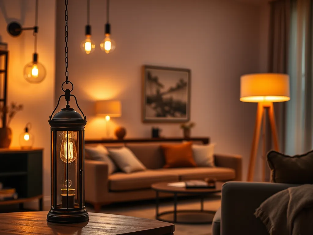 Warmly lit modern living room with rustic lighting, including a lantern lamp, pendant lights, and ambient floor lamp